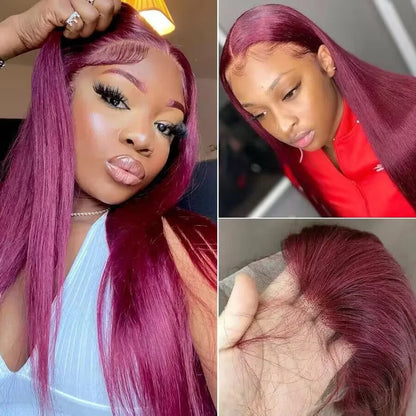 Burgundy Red HD Lace Front Wig – Bone Straight, Human Hair